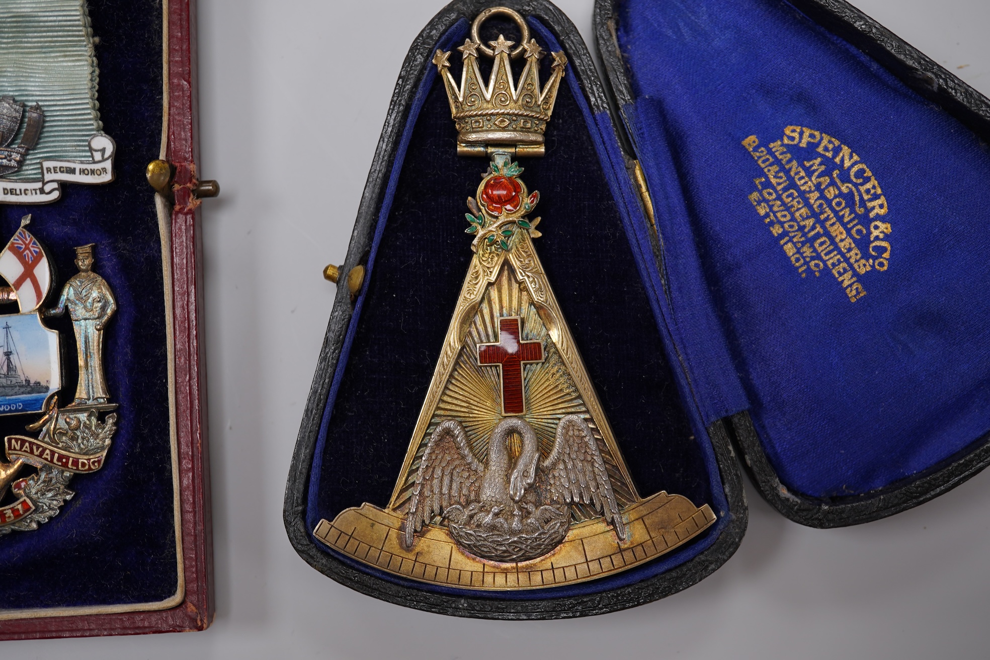 Three Masonic interest medallions / medals, each with enamelled decoration to include a silver gilt example for the Royal Naval Lodge, each cased